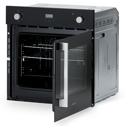 Hafele 60cm 5 Function Side Opening Oven Features: 67 Litre gross cavity63 Litre net cavityTouch control programmable timerTriple glazed cool touch doorSide wire racks: 5 levelsEasy grip knobsInterior lightA set of telescopic runnersLeft hand door hinging