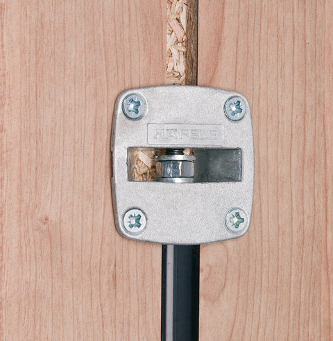 Discreet reinforcement kit for tall cabinet doors, designed to prevent warping or bowing over time. Suitable for vertical or horizontal installation on hinged or sliding wooden doors 16 mm thick or more. Includes steel threaded rod, zinc alloy tensioner, and plastic trim components in black or white. Recess-mounted for seamless integration, with easy tension adjustment via hex nut.