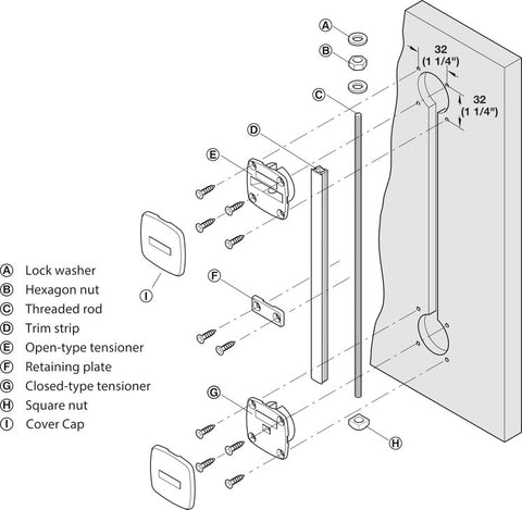 Discreet reinforcement kit for tall cabinet doors, designed to prevent warping or bowing over time. Suitable for vertical or horizontal installation on hinged or sliding wooden doors 16 mm thick or more. Includes steel threaded rod, zinc alloy tensioner, and plastic trim components in black or white. Recess-mounted for seamless integration, with easy tension adjustment via hex nut.