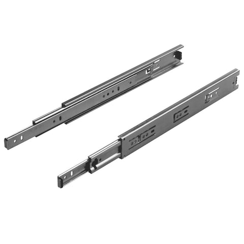 Ball Bearing Drawer Runner Application: Retaining system with a soft stop when closing by rubber buffers.The drawer runner can be detached (after depressing the plastic retaining clip) Material: Steel Finish: Black Galvanised Guided by: 2 ball cages Fitti