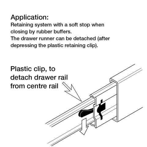Ball Bearing Drawer Runner Application: Retaining system with a soft stop when closing by rubber buffers.The drawer runner can be detached (after depressing the plastic retaining clip) Material: Steel Finish: Black Galvanised Guided by: 2 ball cages Fitti