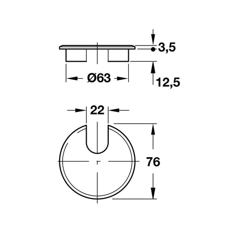 Cable Management: One Piece Circular Type: One-piece, circular Drilling: Ø63 mm Material: Zinc, die-cast Cable cut-out: 22 mm Mounting: Glue in Finish: Chrome plated, matt Hafele