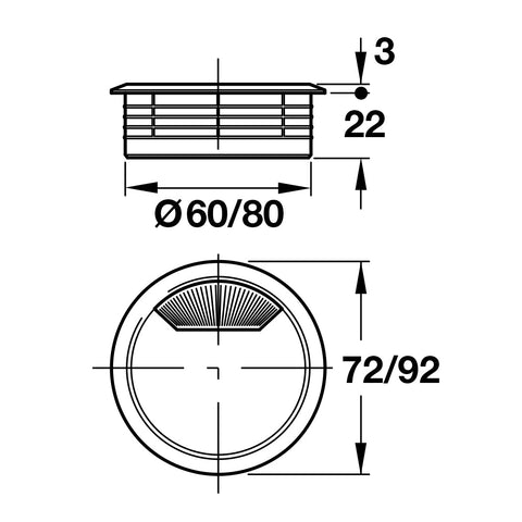 Cable Management: Spring Loaded Top Type: Two-piece, circularWith spring loaded, swiveling section in cover Function: In order to pull cable (with plug) through, the cover can be removed and then clipped back into the outer ring Material: Plastic Cable cu