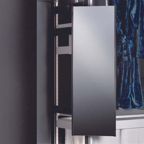 Extending Pivot Mirror - 1000mm height, Swivels by 180°. Material: Aluminium Finish: Black Dimension (HxWxD): 1000 x 340 x40mm Extension length: 350mm Hafele