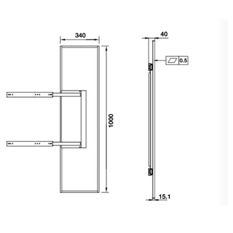 Extending Pivot Mirror - 1000mm height, Swivels by 180°. Material: Aluminium Finish: Black Dimension (HxWxD): 1000 x 340 x40mm Extension length: 350mm Hafele