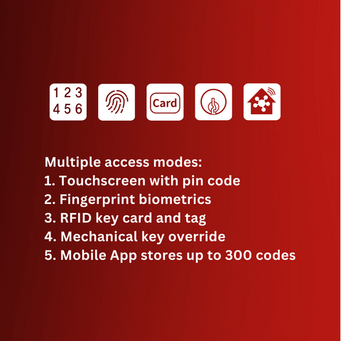 Genesis DL8800, Keyless Digital Entrance Smart Lock 5 in 1. Features: Easy User Guide Videos Multiple access modes: 1. Touchscreen with pin code 2. RFID key card and tag 3. Fingerprint biometrics 4. Mobile App stores up to 300 codes: - 9 x administrator I