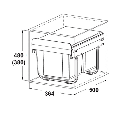 Häfele Oska H Brand: Häfele Material: Bracket: SteelPail: Plastic Finish: Pail and lid: Dark GreyBracket: Powder-coated dark grey coloured For carcase width: 400 mm Capacity: 30 Ltr (2 x 15)40 Ltr (2 x 20) Type of pull-out: Full extension (manual extensio