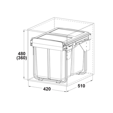 Häfele Oska HSC Brand: Häfele Material: Bracket: SteelPail: Plastic Finish: Pail and lid: WhiteBracket: White powder coated For carcase width: 450 mm Capacity: 30 Ltr (2 x 15)40 Ltr (2 x 20) Type of pull-out: Full extension (manual extension behind hinged