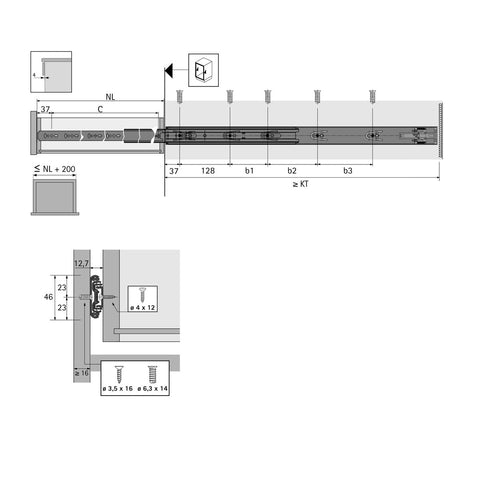 Hettich KA 4532 Ball Bearing Runner – Push-to-Open, 35kg Load