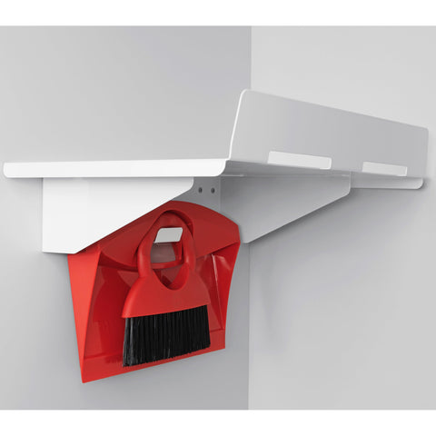 Hailo Storage Shelf with Dustpan set Brand Hailo Kit includes 1 x Shelf, 1 x Dustpan set Profile Material Steel Finish White, powder coated Installation For screw fixing to the wall Dimensions (WxDxH) 289 x 480 x 158 mm Packing 1 piece Hafele