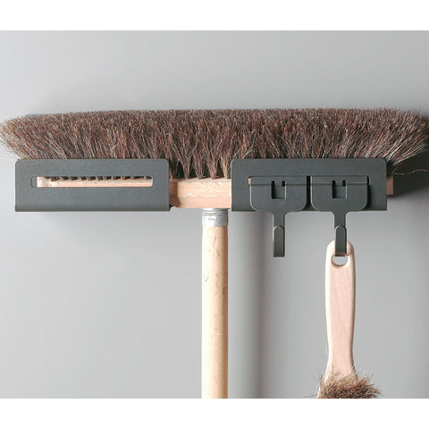 Hafele Broom Holder with hooks Kit includes 1 x Holder for Broom, 2 x Hooks Profile Material Steel Finish Anthracite Installation For screw fixing to the wall Dimensions (WxDxH) 330 x 75 x 85 mm Packing 1 piece Hafele