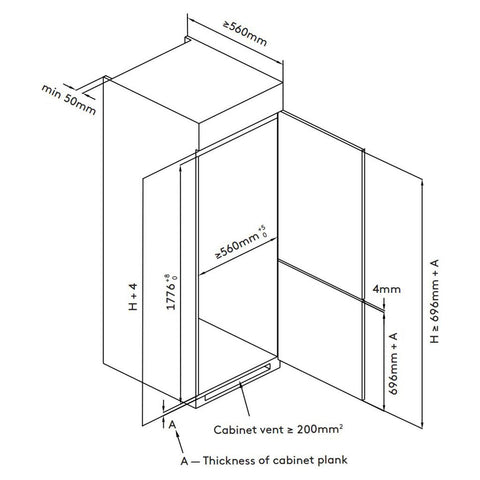 Refrigeration Integrated Fridge/Freezer, 248L Fridge: 248 L total capacity: 180L / 68LHeavy duty door-on-door hingeEasy fit integrated designEasy slide temperature controlEffective ventilationFrost free freezer Freezer: 68 L CapacityFrost freeFast freezin