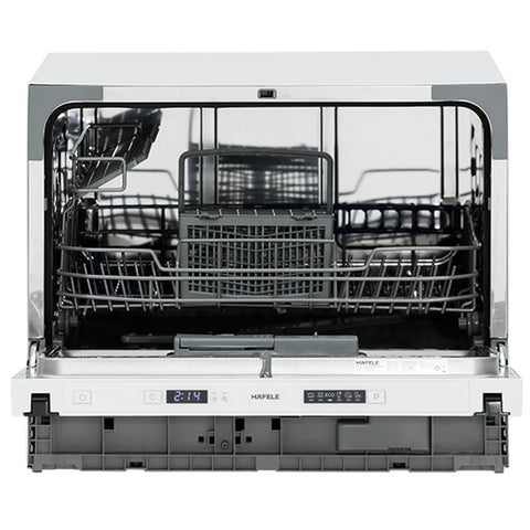 Hafele Compact Dishwasher Brand: Häfele Features: 6 Place settings6 Wash programs1-24 Hour delay startElectronic controls49 dBA Max noise levelMEPS/WELS: 2.5/3.5 Stars Wash Programs: IntensiveHeavy90 MinGlassRapidNormal Dimensions (H x W x D): 452 x 550 x