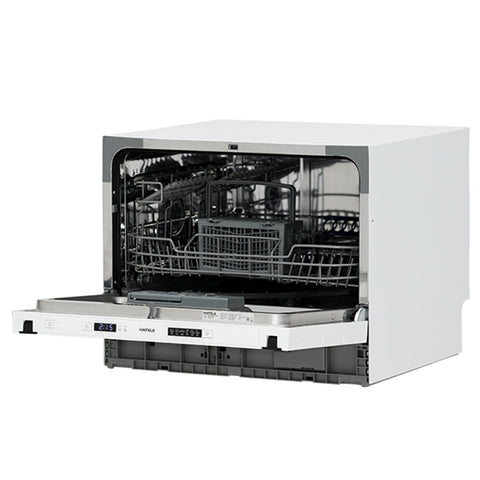 Hafele Compact Dishwasher Brand: Häfele Features: 6 Place settings6 Wash programs1-24 Hour delay startElectronic controls49 dBA Max noise levelMEPS/WELS: 2.5/3.5 Stars Wash Programs: IntensiveHeavy90 MinGlassRapidNormal Dimensions (H x W x D): 452 x 550 x