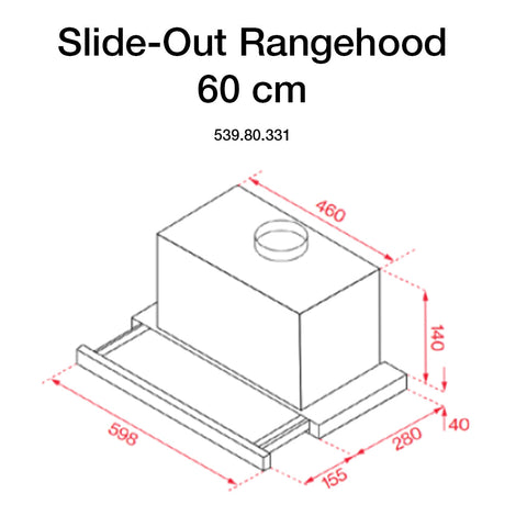 Hafele Rangehood Slide out, 60cm or 90cm Features: 500 m3/hr extraction1x LED 3W 3500K3 Speed settingsPush button controlsAluminium grease filters62 dBA max noise level Version: 60cm90cm Dimensions (mm): 60cm: 180 x 598 x 300 mm (HxWxD) - 7.5 kg90cm: 180