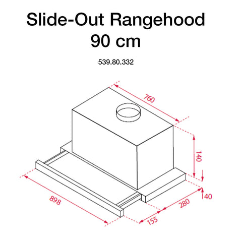 Hafele Rangehood Slide out, 60cm or 90cm Features: 500 m3/hr extraction1x LED 3W 3500K3 Speed settingsPush button controlsAluminium grease filters62 dBA max noise level Version: 60cm90cm Dimensions (mm): 60cm: 180 x 598 x 300 mm (HxWxD) - 7.5 kg90cm: 180