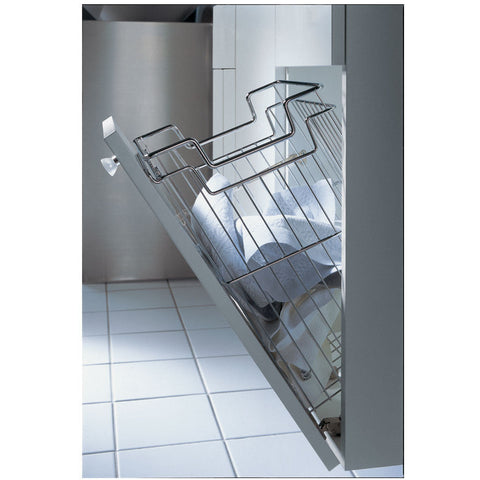 Laundry Basket - For Base Units Finish: Chrome plated polished Depth: 260 mm Height at rear: 365 mm Height at front: 420 mm Version: With handle recess Front panel fixing: Suspended on mounting rail Supplied with: Flap-Ex flap stay and mounting rail Hafel
