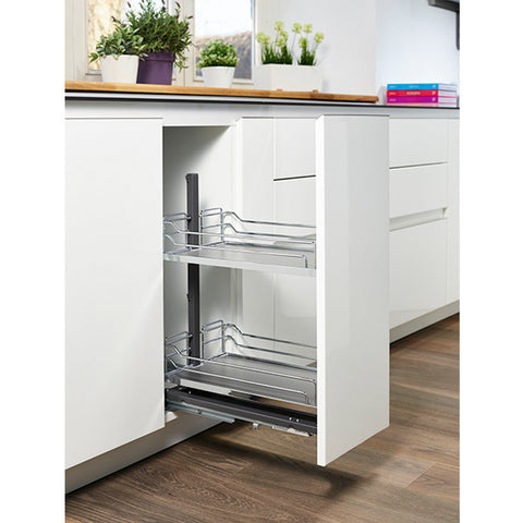Dispensa Junior MR Set 300mm Silver Brand: Kesseböhmer Material: Steel extension frame, wire baskets with removable plastic tray base Finish: Silver powdered coated extension frame and basketsGrey tray base Load capacity: 24kg (max 12kg per shelf) Type of