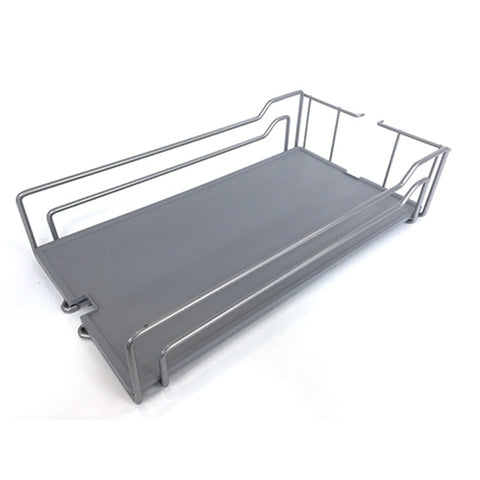 Dispensa Junior MR Set 300mm Silver Brand: Kesseböhmer Material: Steel extension frame, wire baskets with removable plastic tray base Finish: Silver powdered coated extension frame and basketsGrey tray base Load capacity: 24kg (max 12kg per shelf) Type of