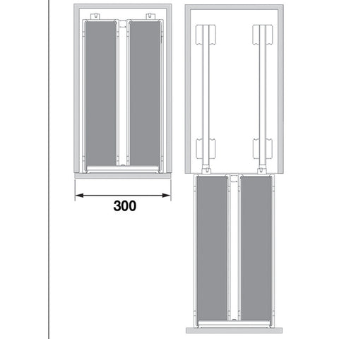 Dispensa Junior MR Set 300mm Silver Brand: Kesseböhmer Material: Steel extension frame, wire baskets with removable plastic tray base Finish: Silver powdered coated extension frame and basketsGrey tray base Load capacity: 24kg (max 12kg per shelf) Type of