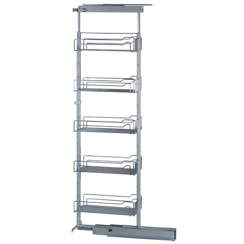 Project Plus Dispensa Pantry Brand: Kesseböhmer Material: Steel support frame, wire baskets Finish: Powder-coated silver extension,Chrome plated Polished baskets Number of baskets: 5 Load capacity: 70 kg Version: Height adjustable, full extension Internal