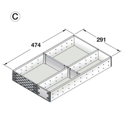 Stainless Steel Cutlery Tray - 474 mm depth Area of application: Suitable for Häfele Alto Drawers and Blum Tandembox Drawers with a depth of 500 mm Depth: 474 mm Height: 64 mm Material: Stainless steel and plastic, grey Note: Cutlery Tray configurations w
