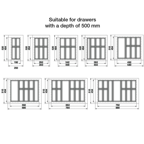 Classico 500 Cutlery Tray Area of application: Suitable for drawers with a depth of 500 mm Material: Plastic Finish: WhiteSilverAnthracite Height: 51 mm Thickness: 2.5 mm Insert depth: 520 mm To suit cabinet width: 300 mm400 mm450 mm500 mm600 mm700 mm800