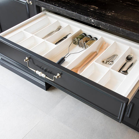 Classico 500 Cutlery Tray Area of application: Suitable for drawers with a depth of 500 mm Material: Plastic Finish: WhiteSilverAnthracite Height: 51 mm Thickness: 2.5 mm Insert depth: 520 mm To suit cabinet width: 300 mm400 mm450 mm500 mm600 mm700 mm800
