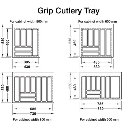 Grip Cutlery Tray Area of application: Suitable for drawers with depth of 500 mm Material: Plastic Finish: Anthracite Pearl Height: 52 mm Features: Non-slip surface coating To suit cabinet width: 500 mm600 mm800 mm900 mm Hafele