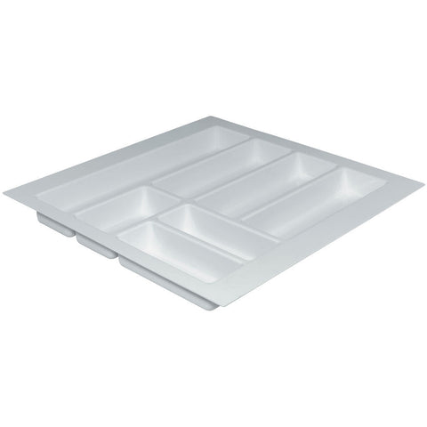 Basic Cutlery Tray Area of application: Suitable for drawers with a depth of 500 mm Version: With wide edge for cutting to exact drawer size Material: Plastic (vacuum formed) Finish: White grained Height: 50 mm Thickness: 2.5 mm For carcase width: 300 mm4