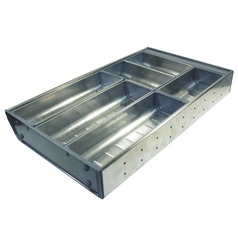 Stainless Steel Cutlery Tray for GRASS or Häfele Drawer Area of application: Suitable for Grass Nova Pro Scala and Häfele MX drawers with a depth of 500 mm Depth: 478 mm Height: 64 mm Material: Stainless steel and plastic, grey Note: Cutlery Tray configur