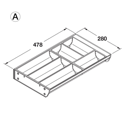 Stainless Steel Cutlery Tray for GRASS or Häfele Drawer Area of application: Suitable for Grass Nova Pro Scala and Häfele MX drawers with a depth of 500 mm Depth: 478 mm Height: 64 mm Material: Stainless steel and plastic, grey Note: Cutlery Tray configur