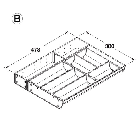 Stainless Steel Cutlery Tray for GRASS or Häfele Drawer Area of application: Suitable for Grass Nova Pro Scala and Häfele MX drawers with a depth of 500 mm Depth: 478 mm Height: 64 mm Material: Stainless steel and plastic, grey Note: Cutlery Tray configur