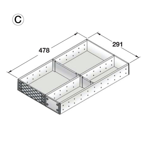Stainless Steel Cutlery Tray for GRASS or Häfele Drawer Area of application: Suitable for Grass Nova Pro Scala and Häfele MX drawers with a depth of 500 mm Depth: 478 mm Height: 64 mm Material: Stainless steel and plastic, grey Note: Cutlery Tray configur