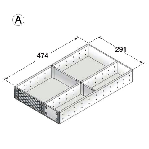 Stainless Steel Drawer Organiser for Häfele and Blum Drawer Area of application: Suitable for all Häfele Alto Drawers and Blum Drawers with a depth of 500 mm Depth: 474 Height: 64 mm Material: Stainless steel and plastic, grey Note: Drawer organiser confi