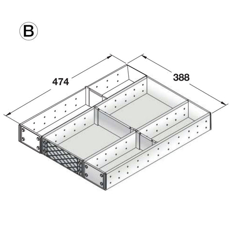 Stainless Steel Drawer Organiser for Häfele and Blum Drawer Area of application: Suitable for all Häfele Alto Drawers and Blum Drawers with a depth of 500 mm Depth: 474 Height: 64 mm Material: Stainless steel and plastic, grey Note: Drawer organiser confi
