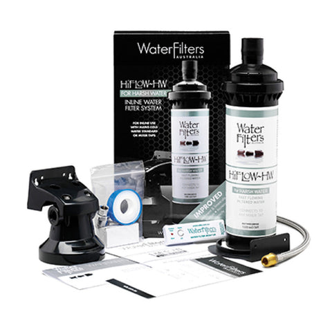 WFA Harsh Water Hi-Flow Inline Filtration System Features: Cold water connection only includes 5 micron HiFlow Water Filter and mounting bracket. PEX Braided Hose. 56,000 Litre capacity. 8.3L/min Flow rate. Installation: Cartridge can be installed vertica