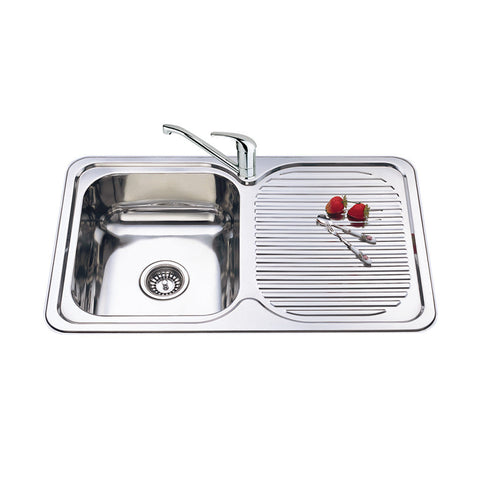 Single Bowl Sink R/H Drainer Features: Right hand drainer820 x 500 x 180 mm (L x W x D)Polished stainless steel with rolled edgeSupplied with 1 designer waste Material: Stainless steel grade 304, 18/10 Thickness: 0.8mm Mounting: Top mount only, sink clips
