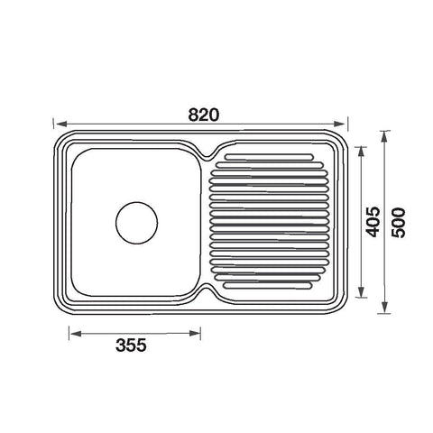 Single Bowl Sink R/H Drainer Features: Right hand drainer820 x 500 x 180 mm (L x W x D)Polished stainless steel with rolled edgeSupplied with 1 designer waste Material: Stainless steel grade 304, 18/10 Thickness: 0.8mm Mounting: Top mount only, sink clips