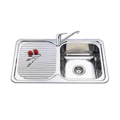 Single Bowl Sink L/H Drainer Features: Left hand drainer820 x 500 x 180 mm (L x W x D)Polished stainless steel with rolled edgeSupplied with 1 designer waste Material: Stainless steel grade 304, 18/10 Thickness: 0.8mm Mounting: Top mount only, sink clips