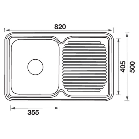 Single Bowl Sink L/H Drainer Features: Left hand drainer820 x 500 x 180 mm (L x W x D)Polished stainless steel with rolled edgeSupplied with 1 designer waste Material: Stainless steel grade 304, 18/10 Thickness: 0.8mm Mounting: Top mount only, sink clips