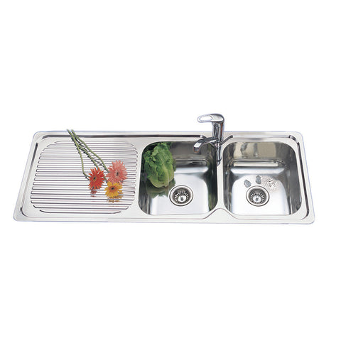 Double Bowl Sink L/H Drainer Features: Left hand drainer1200 x 500 x 180 mm (L x W x D)Polished stainless steel with rolled edgeSupplied with 2 designer wastes Material: Stainless steel grade 304, 18/10 Thickness: 0.8mm Mounting: Top mount only, sink clip