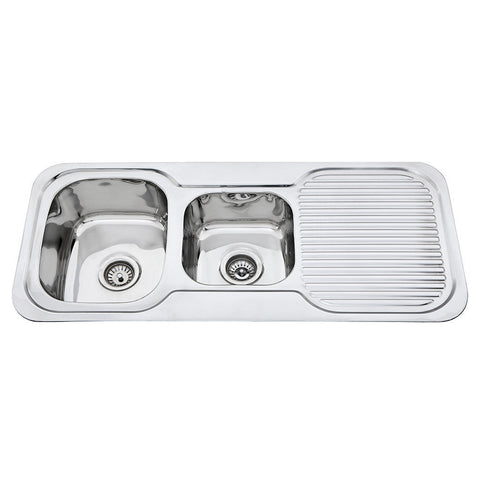 1 & 3/4 Bowl Sink R/H Drainer Features: Right hand drainer1080 x 480 x 170 mm (L x W x D)Polished stainless steel with rolled edgeSupplied with 2 designer wastes Material: Stainless steel grade 304, 18/10 Thickness: 0.8mm Mounting: Top mount only, sink cl
