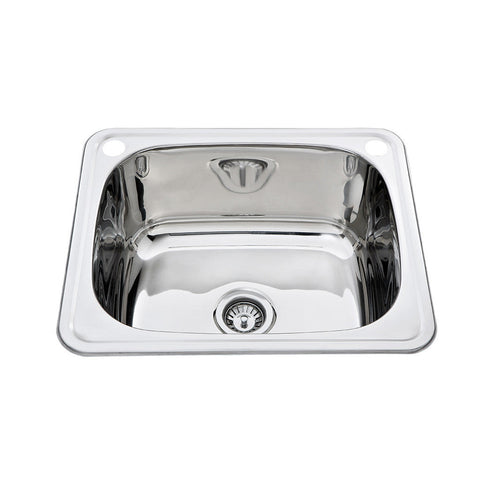 Laundry Tub Features: 600 x 500 x 240 mm (L x W x D)Polished stainless steel with laser cut edgeSupplied with 1 designer waste Material: Stainless steel grade 304, 18/10 Thickness: 0.8mm Mounting: Top mount only, sink clips included Note: Includes 1 x top