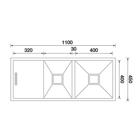 Squareline 1 & 3/4 Bowl with Drainer Features: 1100 x 450 x 200 mm (L x W x D)1 x 32L & 1 x 24L capacity18/10 Stainless steel brushed finish5 mm Internal radius1 & 3/4 bowl Push/pull plug and waste connectionsWatermarked designer waste Bowl Size: 32L: 400