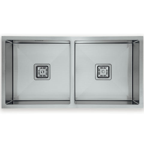 Squareline Double Bowl Sink - Linen Features: 880 x 450 x 200 mm (L x W x D)2 x 32L capacityStainless steel, linen finish5 mm Internal radiusDouble bowlPush/pull plug and waste connections.Watermarked designer waste Bowl Size: 400 x 400 x 200mm each (L x