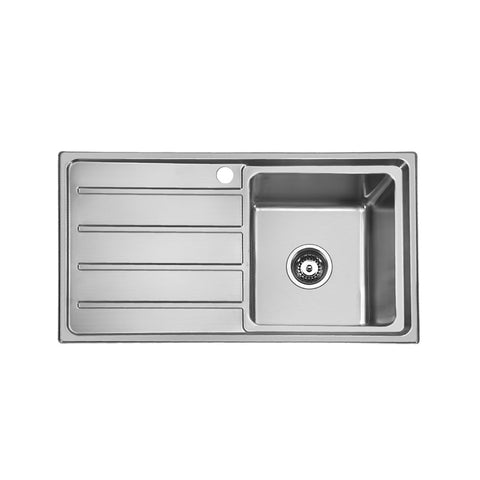 Squareline Plus Single Bowl L/H Drainer Features: 0.8mm Thick Premium 18/10 Stainless Steel Satin Polish FinishWatermark waste25mm radius Satin Polished25L CapacityTop mount Bowl Configuration: Single Bowl Drainer Configuration: Push/Pull plug and waterma