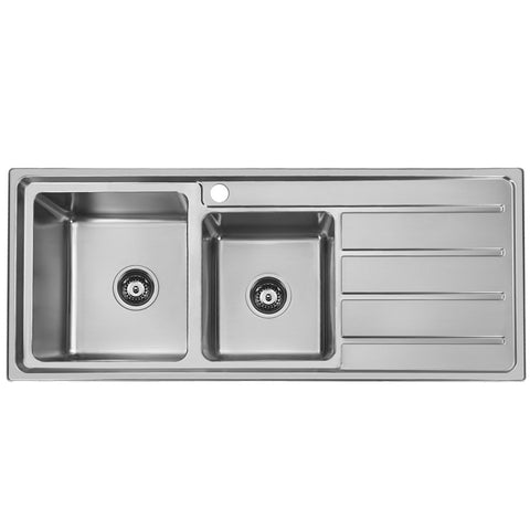 Squareline Plus 1 & 3/4 Bowl R/H Drainer Features: 0.8mm Thick Premium 18/10 Stainless Steel Satin Polish FinishWatermark waste25mm radius Satin Polished25L & 17L CapacityTop mount Bowl Configuration: 1 & 3/4 Bowl Drainer Configuration: Push/Pull plug and