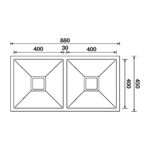 Squareline Double Bowl Sink Features: 880 x 450 x 200 mm (L x W x D)2 x 32L capacity18/10 Stainless steel brushed finish5 mm Internal radiusDouble bowl Push/pull plug and waste connectionsWatermarked designer waste Mounting: Top mount and under mount. Bow