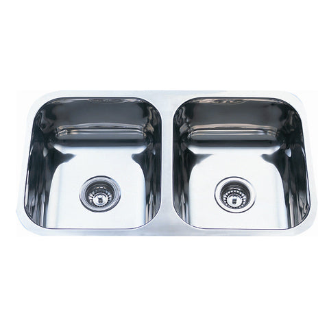 Undermount Double Bowl Sink Features: 780 x 445 x 200 mm (L x W x D)Polished stainless steelSupplied with 2 designer wastes Material: Stainless steel grade 304, 18/10 Thickness: 0.8mm Mounting: Undermount only, sink clips included Note: There is no hole f